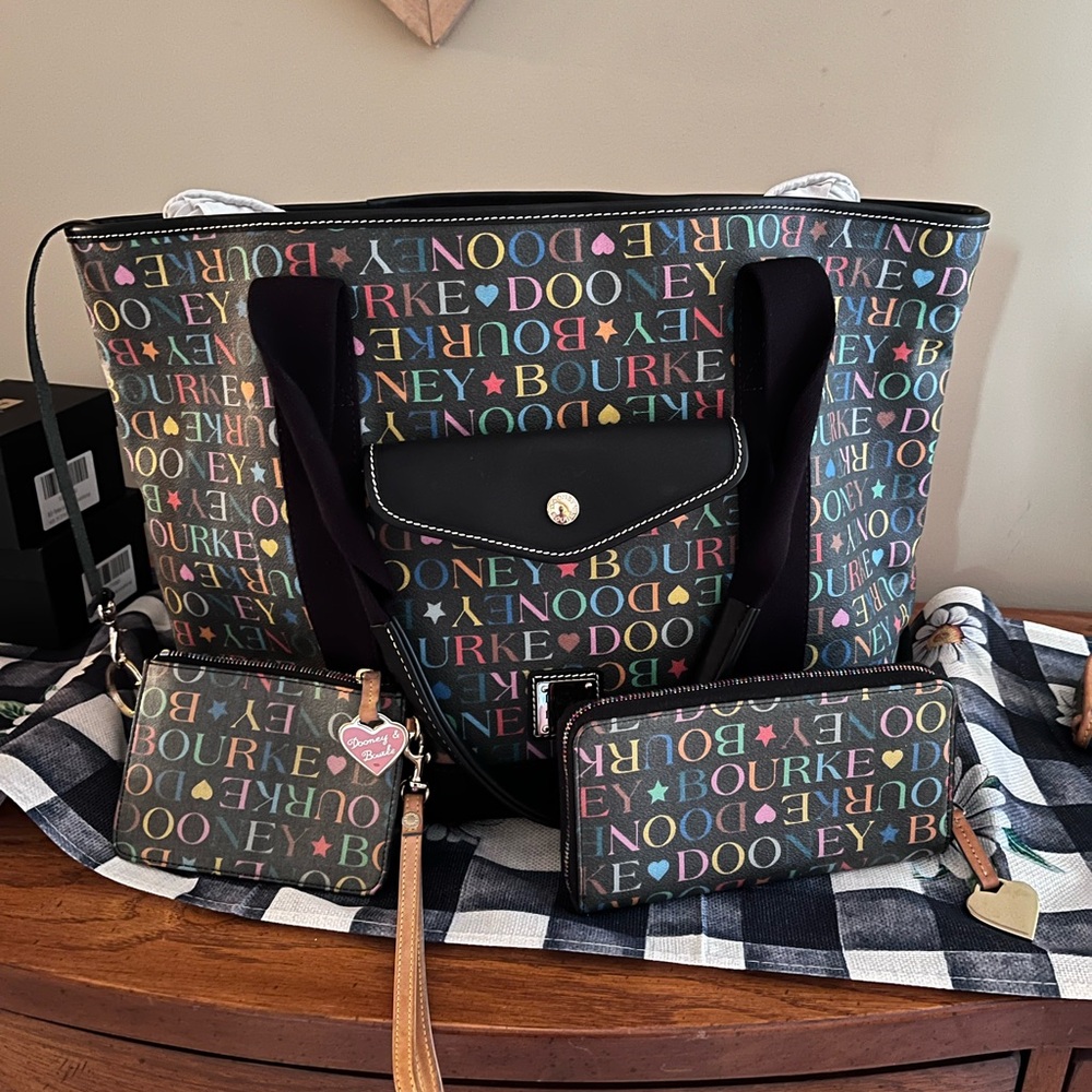 SOLD-RARE Dooney and Bourke rainbow monogram go 2 tote set
